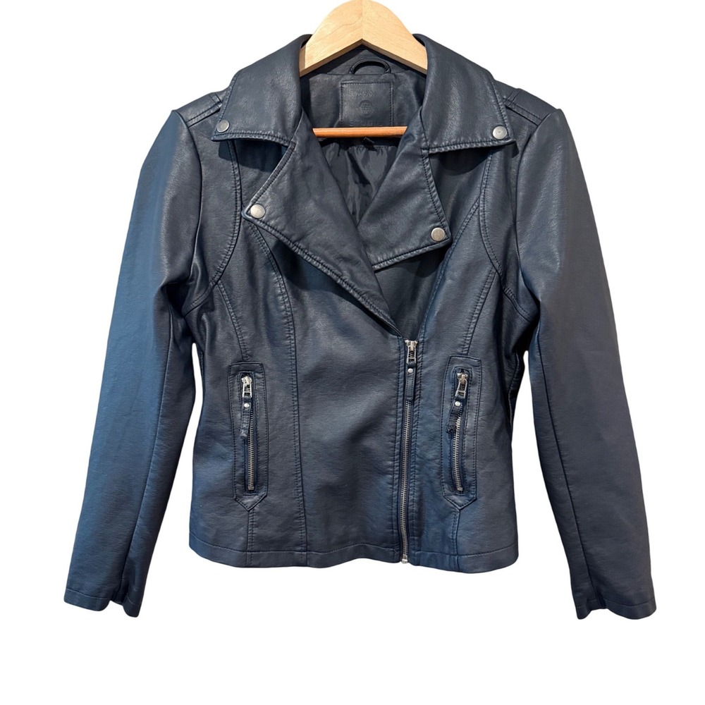 Max Studio Womens Navy Blue Faux Leather Moto Biker Jacket Size Medium